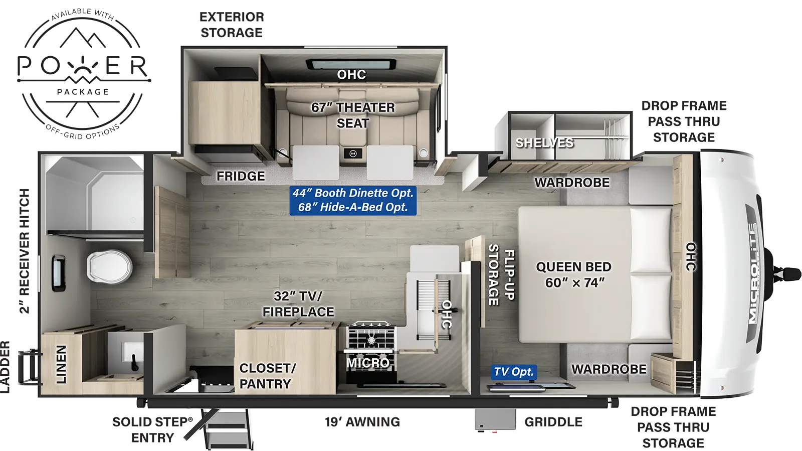 The Flagstaff Micro Lite 25FBLS has one entry and two slide outs. Exterior features include: fiberglass exterior and 19' awning. Interiors features include: front bedroom and rear bathroom.